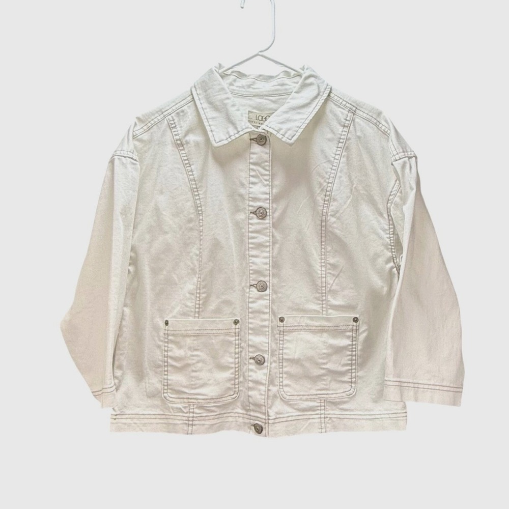 LOGO Lori Goldstein Jean Jacket Sz 8 White Brown Stitch Neutral Coastal Layering